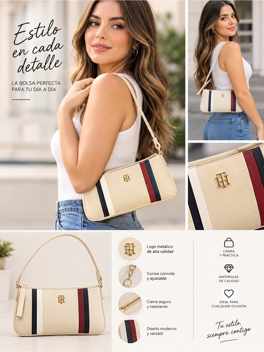 Tommy Hilfiger Inspired Cream Shoulder Bag with Tricolor Stripe
